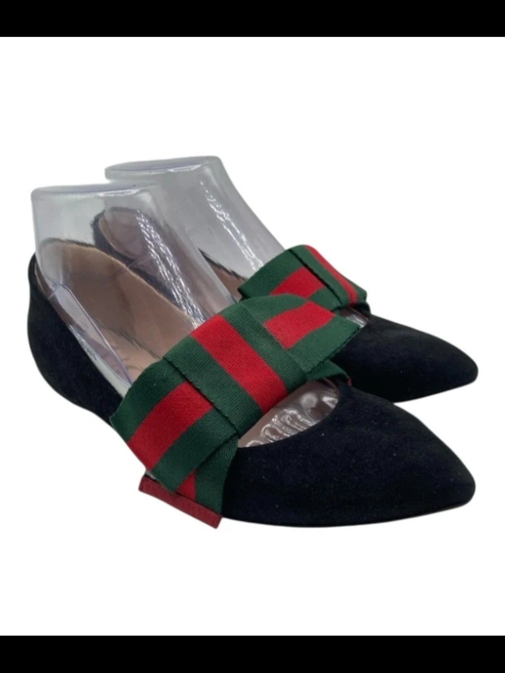Gucci Web Black Pointed Suede Toe Flats with Green & Red Bow - Picture 3 of 9